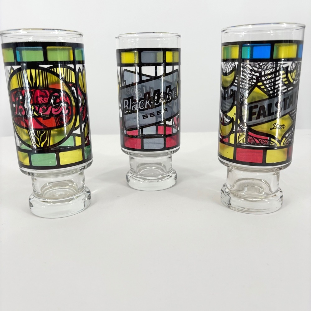 Vintage Stained Glass Style Beer Glasses Set of 3 Falstaff Black Label Schaefer
